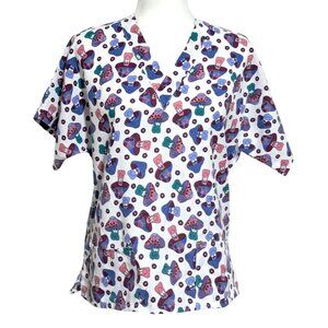 Vintage Ozark Scrub Top Cartoon Mushroom Print V-Neck Made in USA 100% Cotton 90